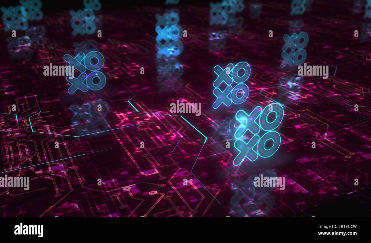 XOXO romantique amour salutation et baiser numérique cyber style symbole concept numérique. Réseau, cybertechnologie et informatique résumé 3D illustr Banque D'Images