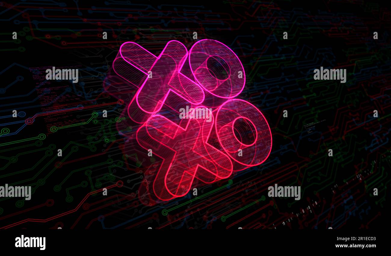 XOXO romantique amour salutation et baiser numérique cyber style symbole concept numérique. Réseau, cybertechnologie et informatique résumé 3D illustr Banque D'Images