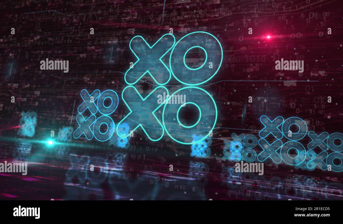 XOXO romantique amour salutation et baiser numérique cyber style symbole concept numérique. Réseau, cybertechnologie et informatique résumé 3D illustr Banque D'Images