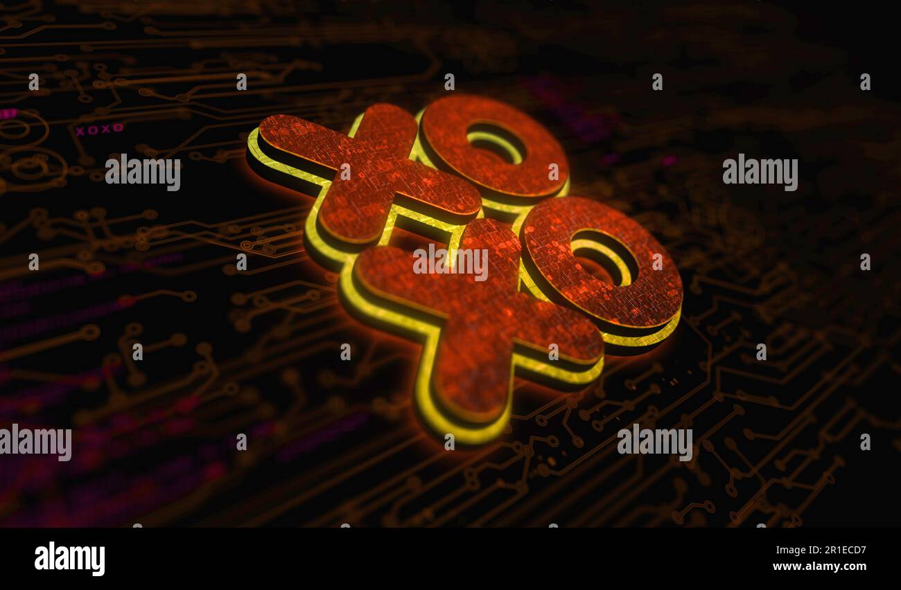XOXO romantique amour salutation et baiser numérique cyber style symbole concept numérique. Réseau, cybertechnologie et informatique résumé 3D illustr Banque D'Images