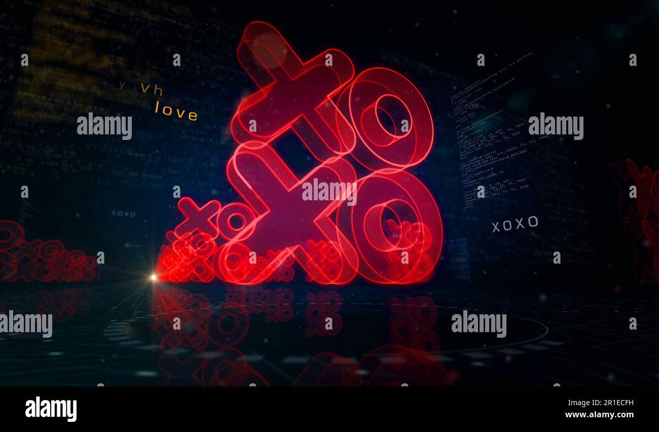 XOXO romantique amour salutation et baiser numérique cyber style symbole concept numérique. Réseau, cybertechnologie et informatique résumé 3D illustr Banque D'Images