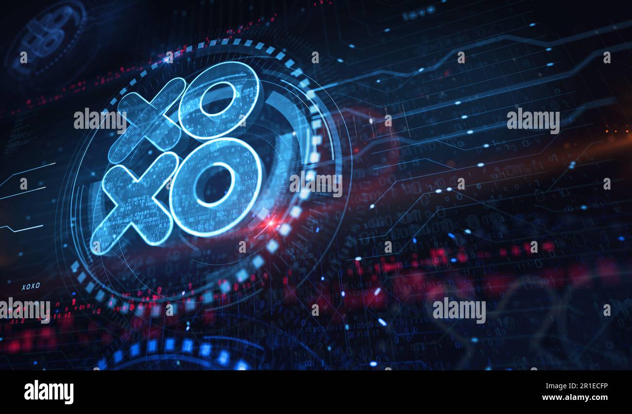 XOXO romantique amour salutation et baiser numérique cyber style symbole concept numérique. Réseau, cybertechnologie et informatique résumé 3D illustr Banque D'Images