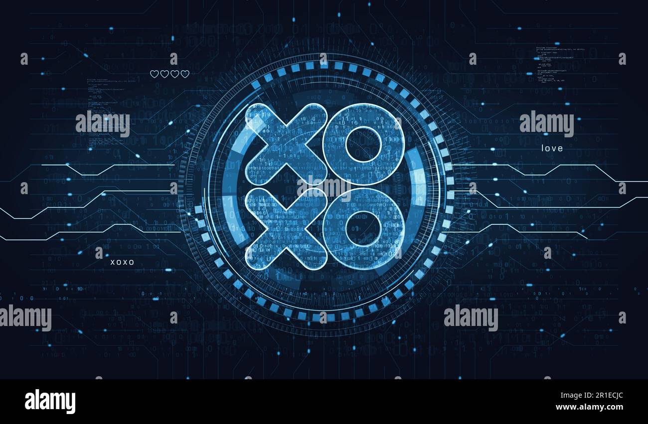 XOXO romantique amour salutation et baiser numérique cyber style symbole concept numérique. Réseau, cybertechnologie et informatique résumé 3D illustr Banque D'Images