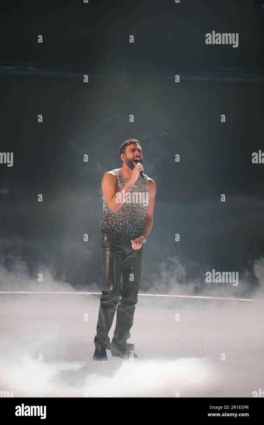 Marco Mengoni, un participant italien, lors de la grande finale du concours Eurovision Song à la M&S Bank Arena de Liverpool. Date de la photo: Samedi 13 mai 2023. Banque D'Images