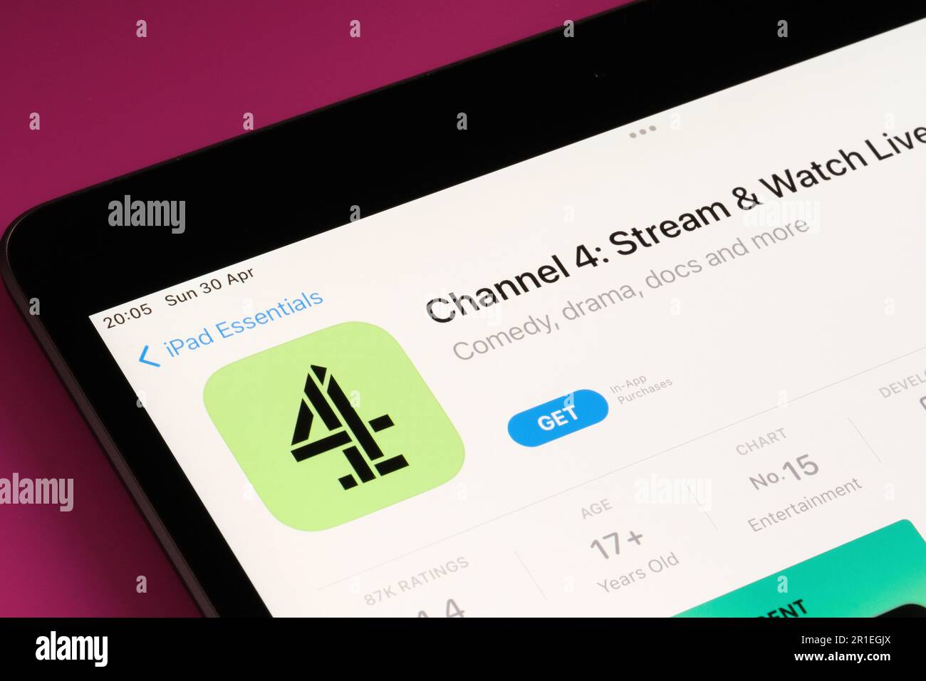 Application Channel 4 vue dans l'App Store sur l'écran de l'ipad. Mise au point sélective. Stafford, Royaume-Uni, 6 mai 2023 Banque D'Images