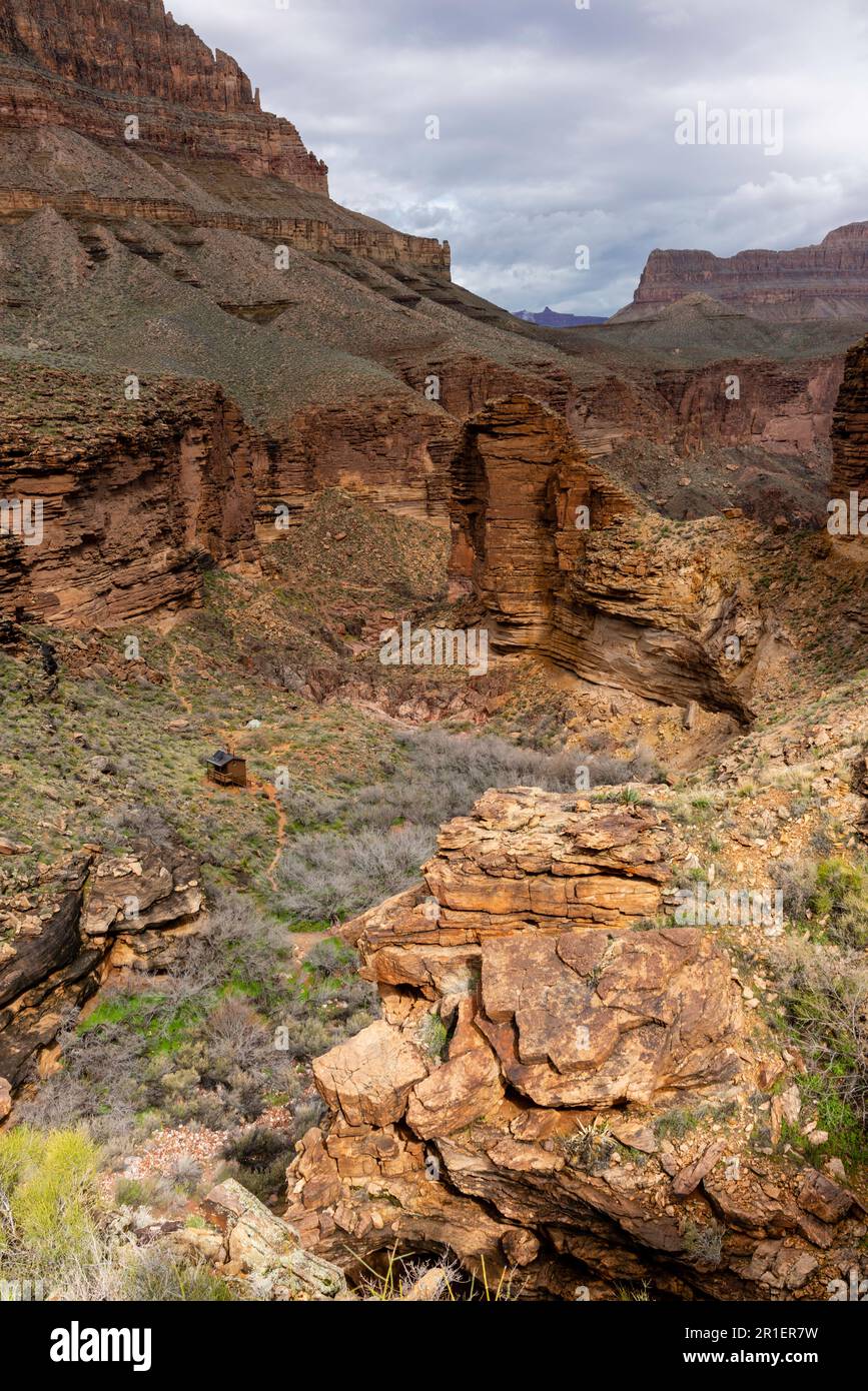 Vue sur le terrain de camping de Monument Creek le matin. Le long de la piste de Tonto, parc national du Grand Canyon, Arizona, États-Unis. Banque D'Images