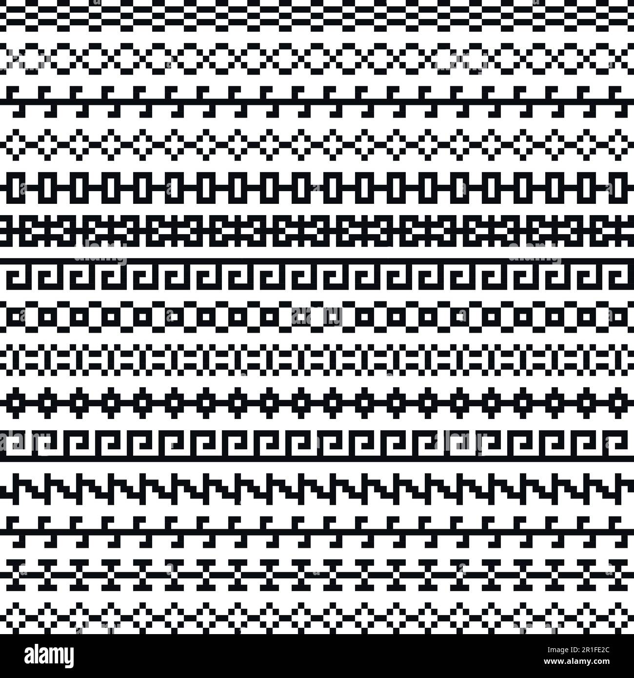 Ancienne frontière grecque, motif ethnique vintage Tribal art, ornements asiatiques en treillis, chinois, japonais, ensemble de vecteurs coréens, Pixel noir transparent et Illustration de Vecteur