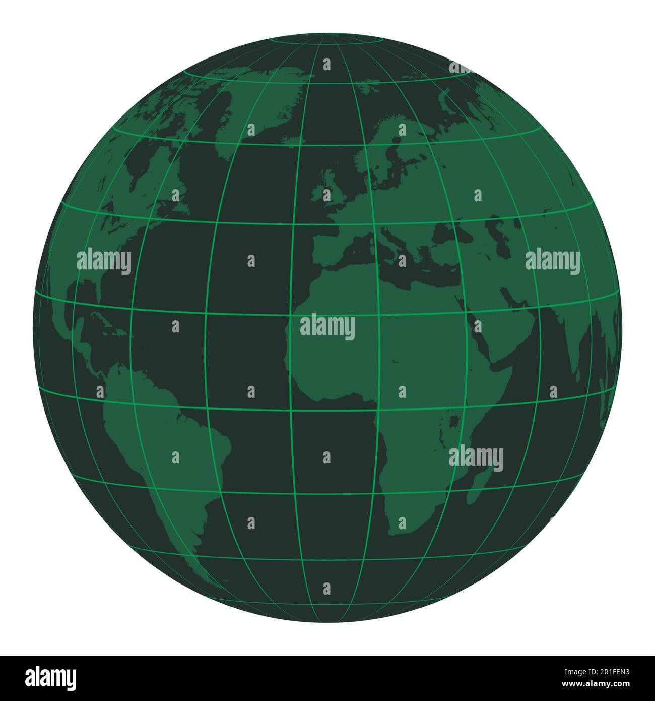 Globe terrestre modèle avec des continents et une grille de coordonnées, matrice vert foncé de la crise, le globe vecteur zoom 3D avec Meredian et parallèle Illustration de Vecteur
