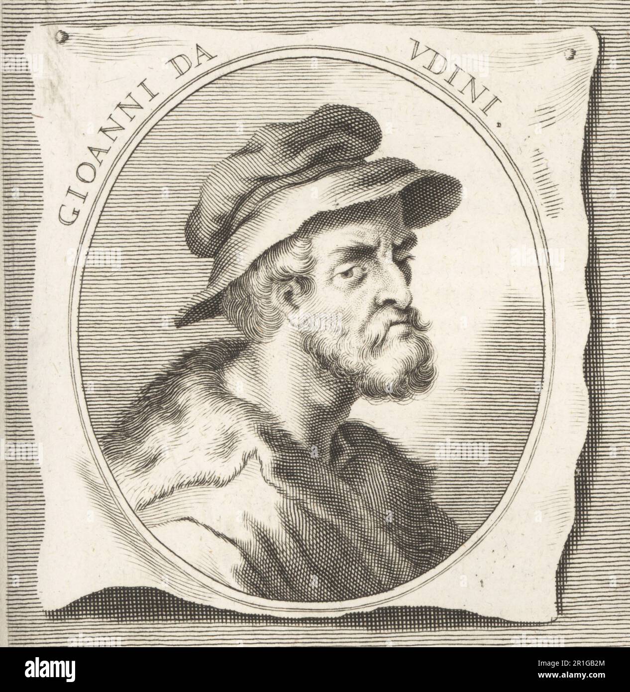 Giovanni da Udine, Giovanni Nanni ou Giovanni de' Ricamatori, peintre et architecte italien né à Udine, 1487-1564. Gioanni da Udini. Gravure sur plaque de copperplate par Philipp Kilian d'après une illustration de Joachim von Sandrart de son Academia Todesca, della Architectura, Scucultura & Pittura, oder Teutsche Academie, der Edlen Bau- Bild- und Mahlerey-Kunste, Académie allemande d'architecture, Sculpture and Painting, Jacob von Sandrart, Nuremberg, 1675. Banque D'Images