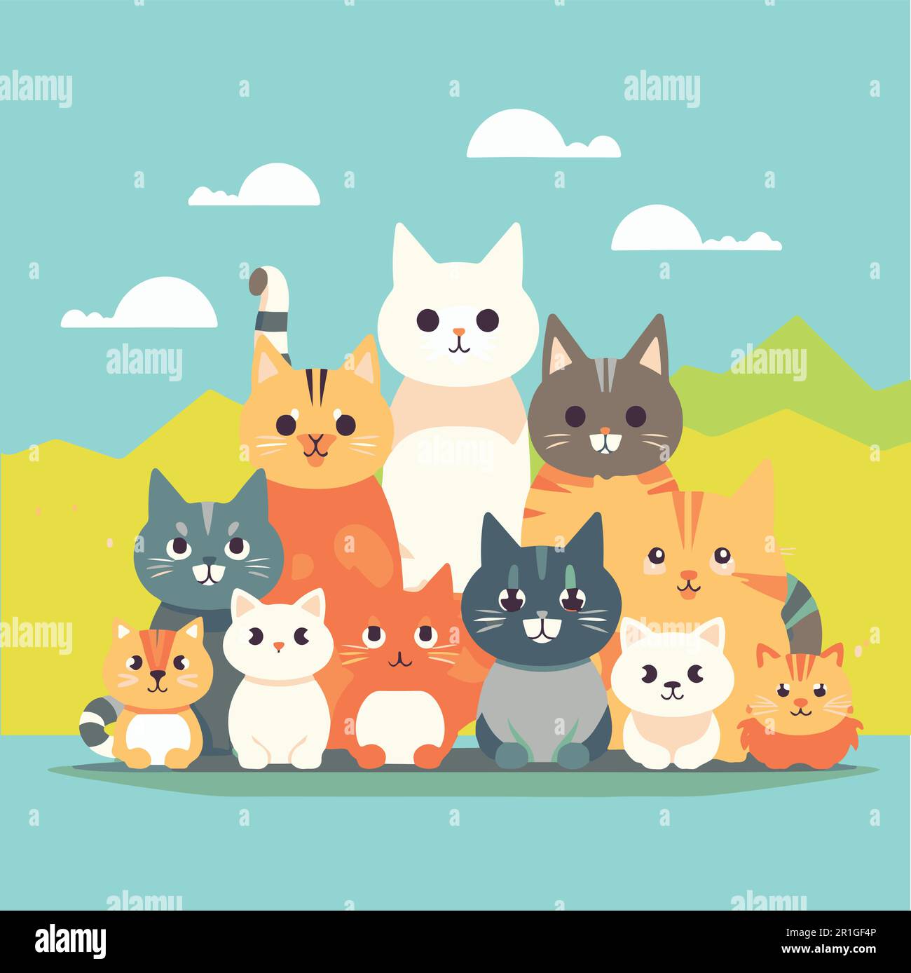 Un groupe de chats sont assis devant une montagne Illustration de Vecteur