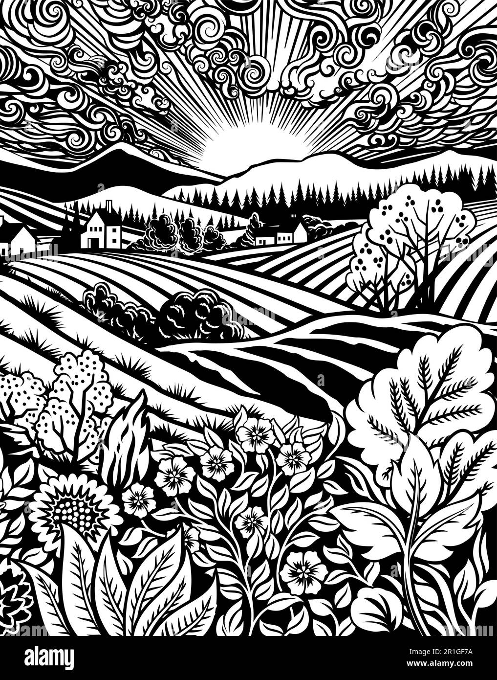 Champs Rolling Hills Farm Land fleurs arrière-plan Illustration de Vecteur