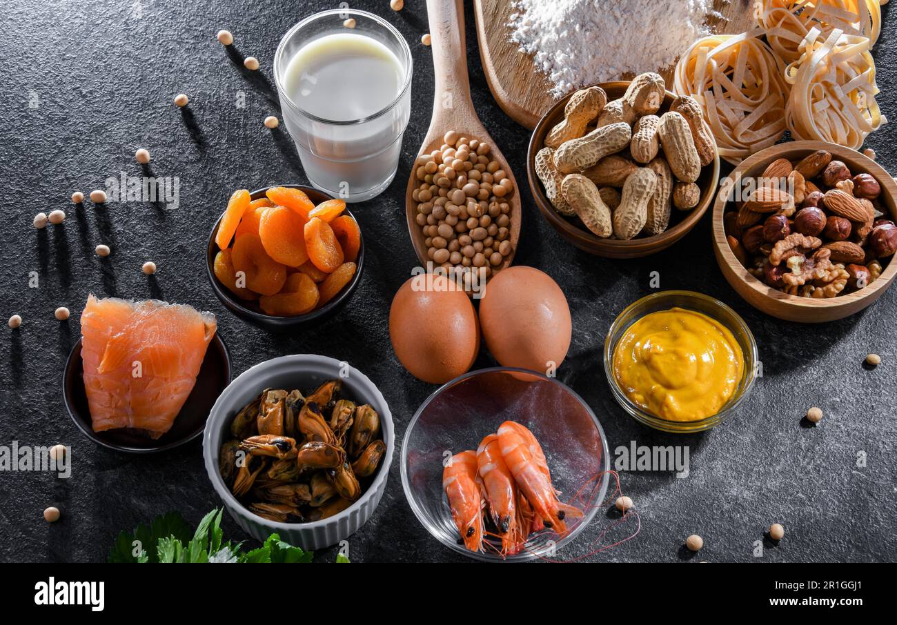 Composition avec des allergènes alimentaires courants, y compris les œufs, le lait, le soja, les noix, le poisson, fruits de mer, farine de blé, moutarde, abricots séchés et céleri Banque D'Images