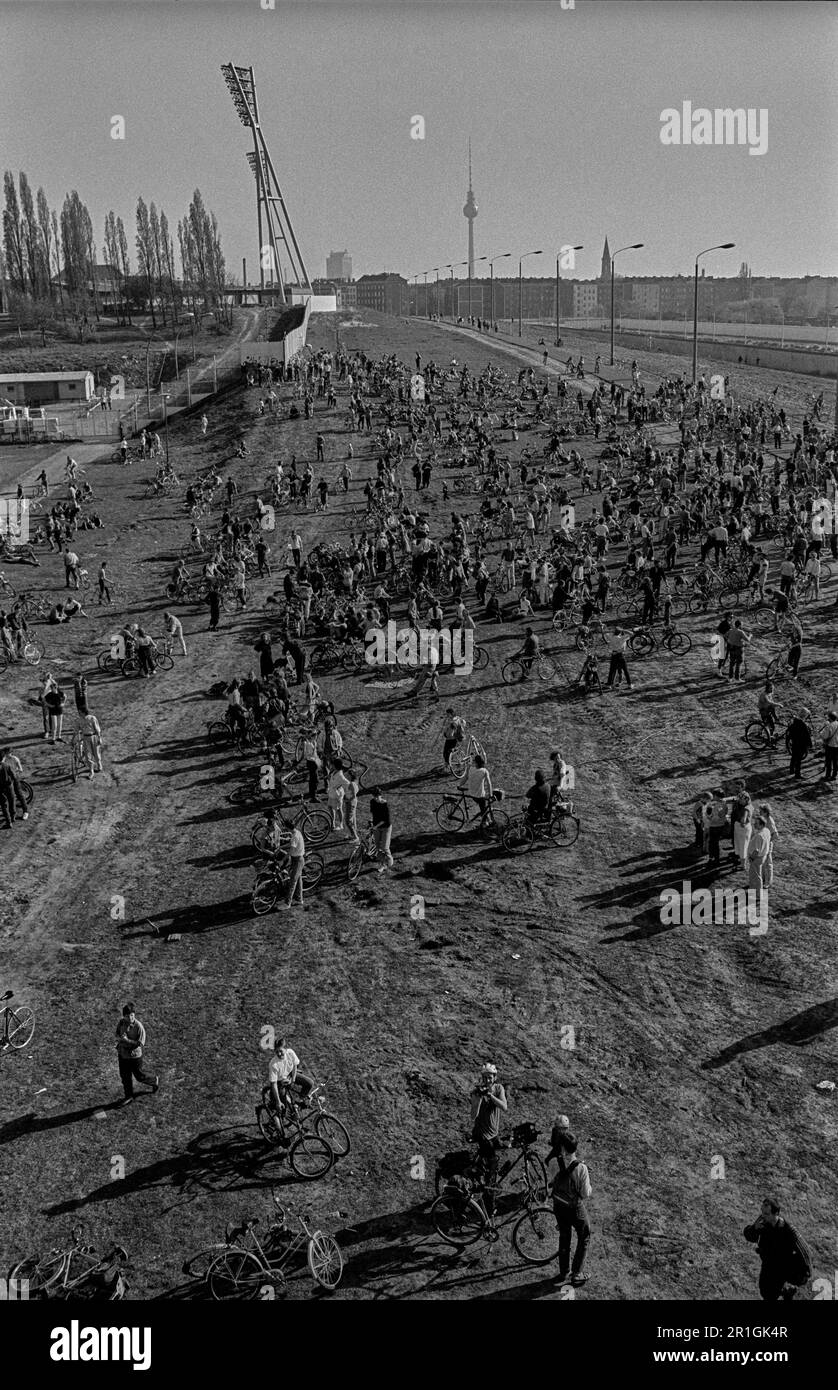 GDR, Berlin, 01.04.1990, vue de la tour de guet, les supporters du parc plantant des arbres sur le mur à Falkplatz, plus tard Mauerpark, vélo Banque D'Images