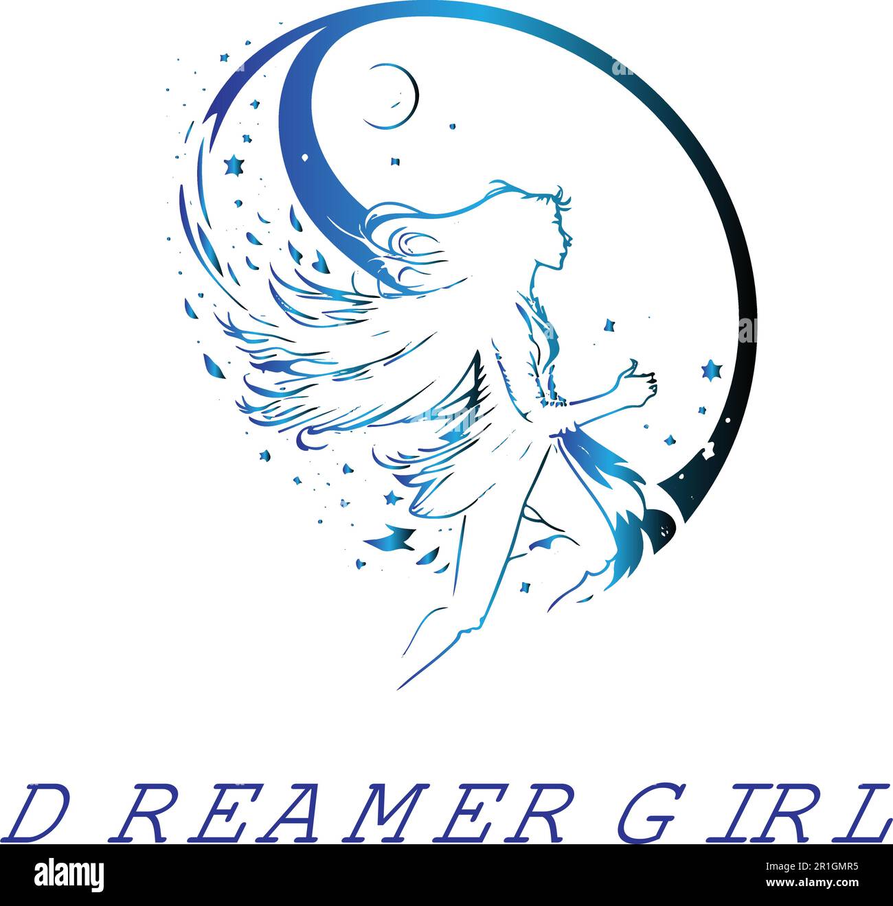 Le modèle de logo Rêveur Girl présente une belle illustration d'une fille assise sur la lune, en regardant dans les étoiles. Le design est coloré et Illustration de Vecteur