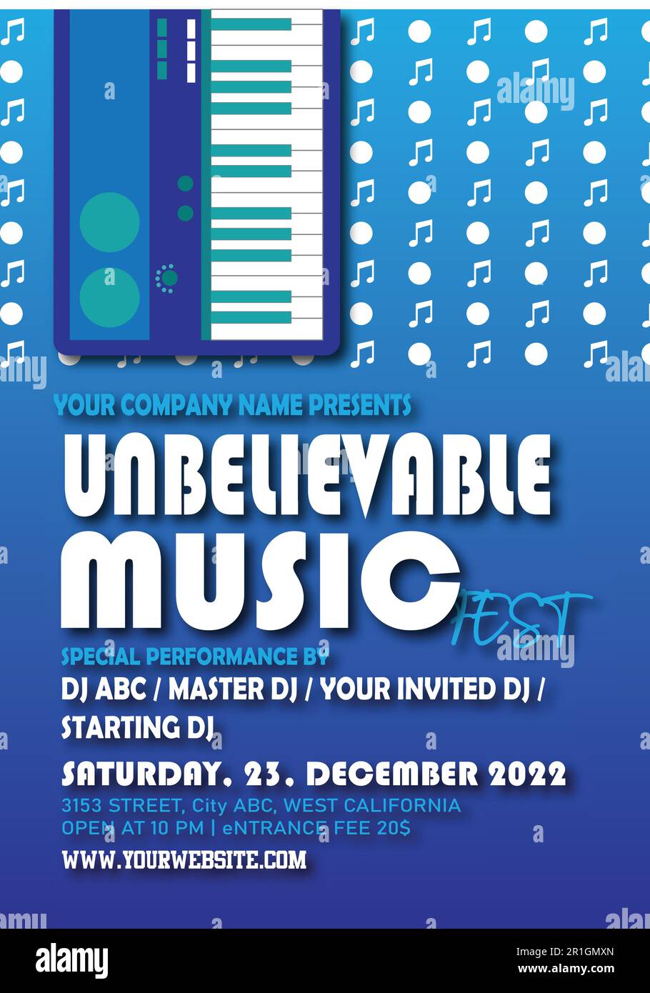 Commencez la fête avec ce modèle d'invitation à l'événement de prospectus de musique de haute qualité. Idéal pour les festivals de musique, les concerts, la veille du club Illustration de Vecteur