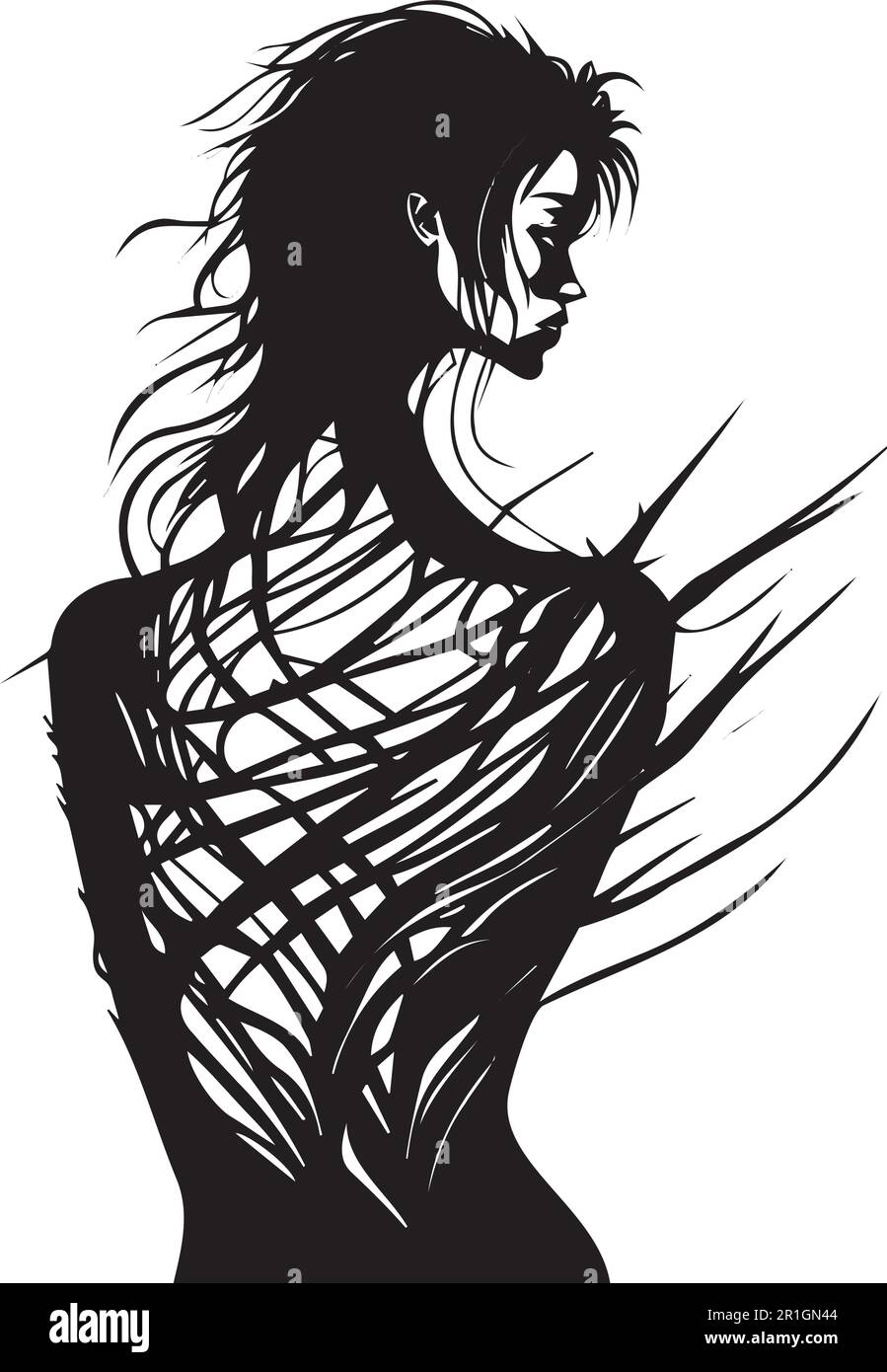 Ce fichier vectoriel de haute qualité présente une illustration élégante et captivante du dos d'une femme qui peut être utilisé comme une conception de tatouage, ainsi que pour o Illustration de Vecteur
