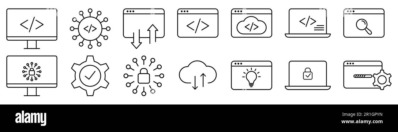 Ensemble d'icônes de logiciel et de ligne de programmation. Design peut être utilisé pour les applications Web et mobiles. Illustration vectorielle Illustration de Vecteur