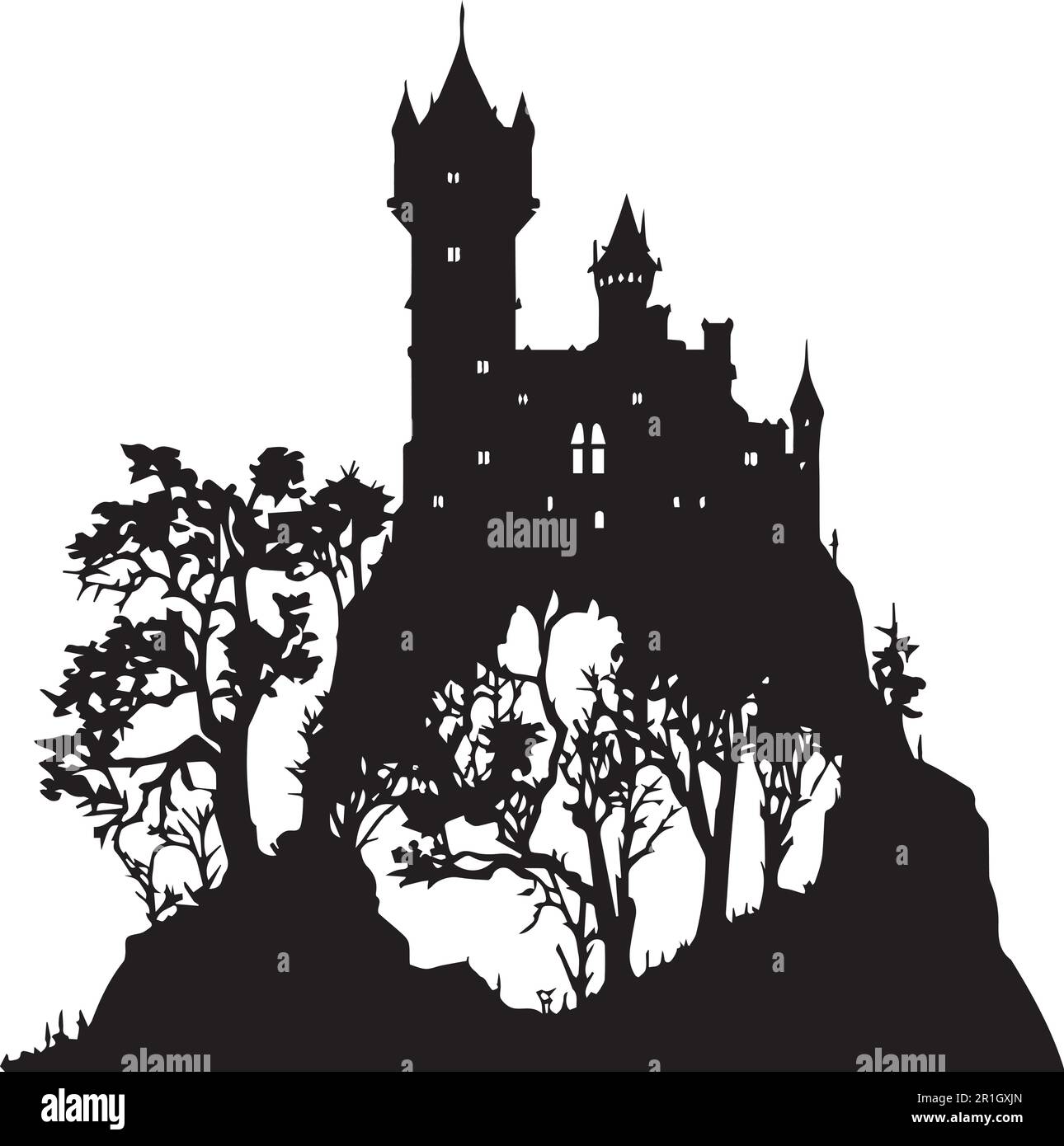 Une silhouette noire d'un château avec un arbre sur l'illustration vectorielle supérieure. Illustration de Vecteur
