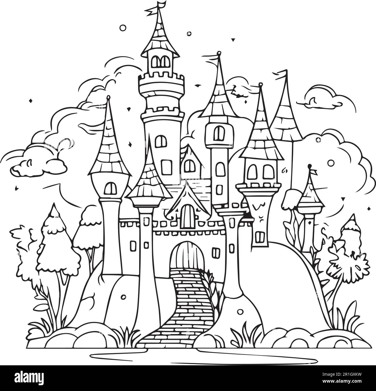 Un château de conte de fées complexe page de coloriage pour les adultes. Illustration de Vecteur