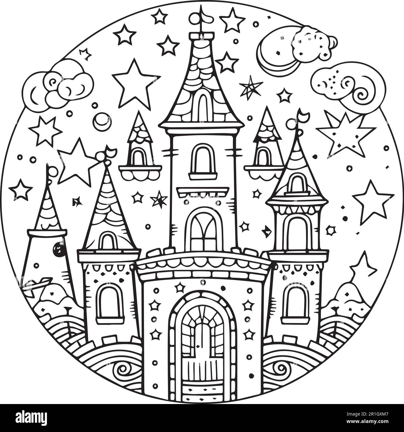 Dessin d'un château avec une étoile dans la page de coloriage d'arrière-plan. Illustration de Vecteur