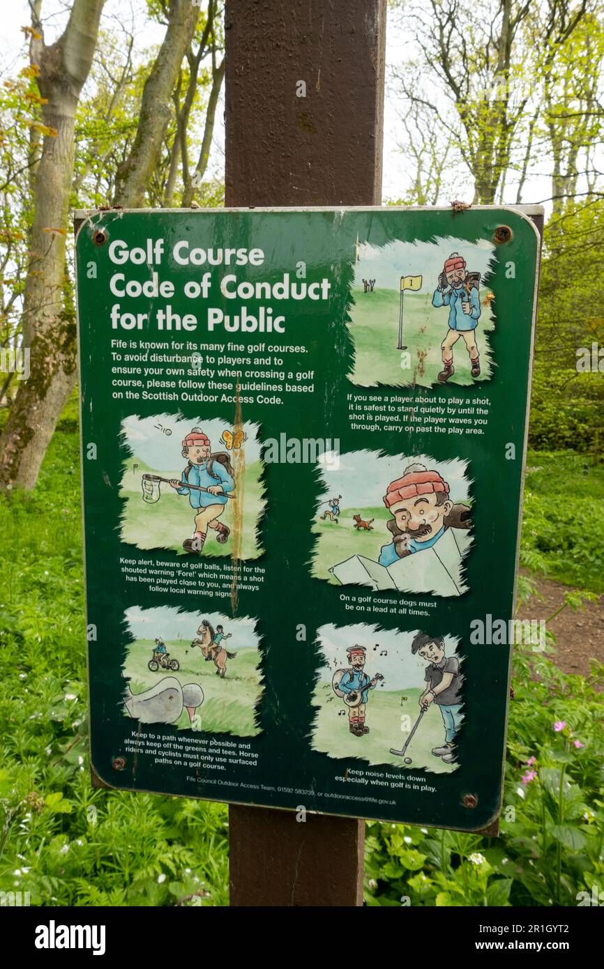 Panneau sur Fife Coastal Path au parcours de golf Kingsbarns Golf Links à Kingsbarns, Fife, Écosse, Royaume-Uni Banque D'Images