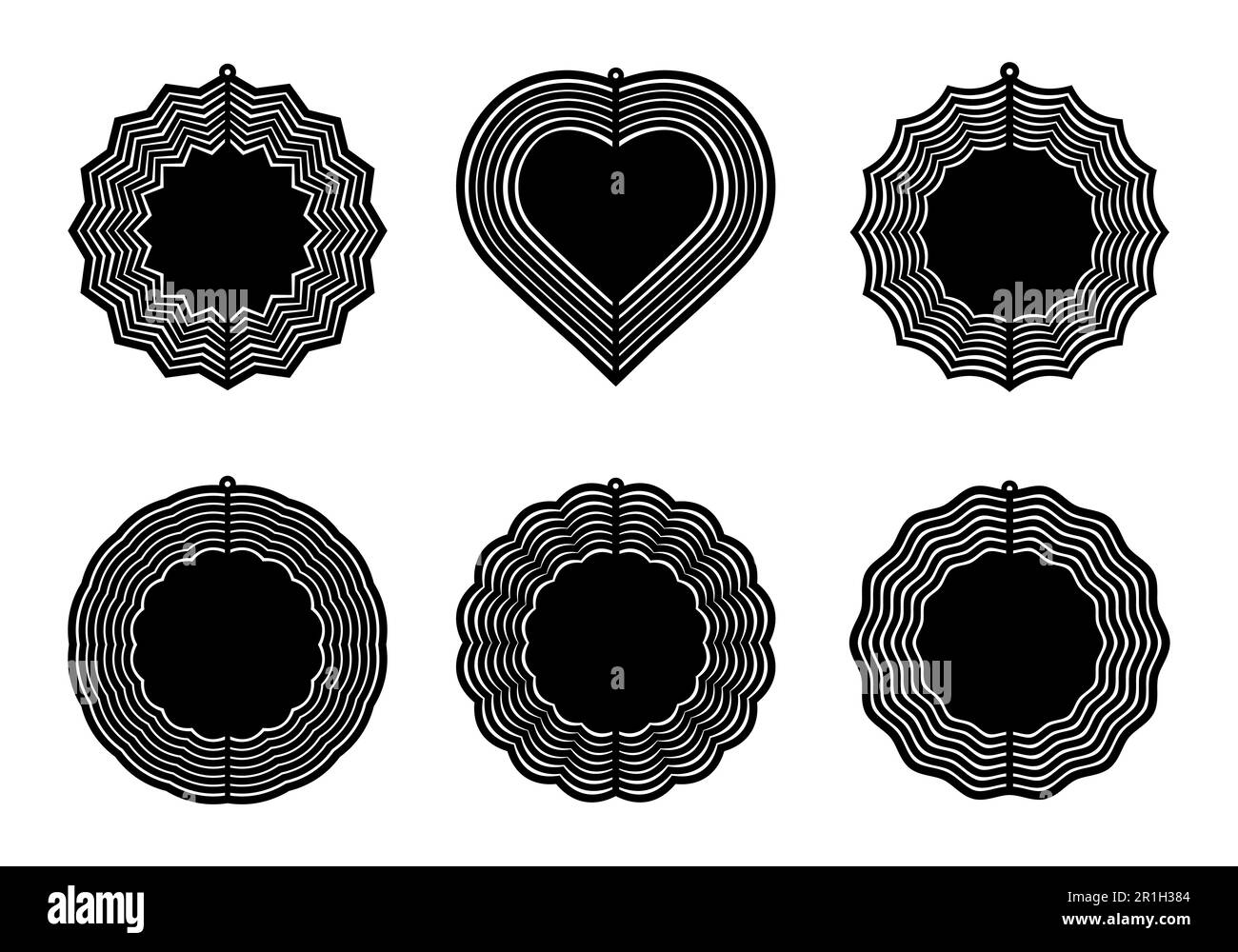 Ensemble de modèles de spinner de vent isolé sur blanc, motif de silhouette de vecteur de décorations de cour de spin pour la sublimation. Décoration de jardin cercle vierge, coeur et Illustration de Vecteur