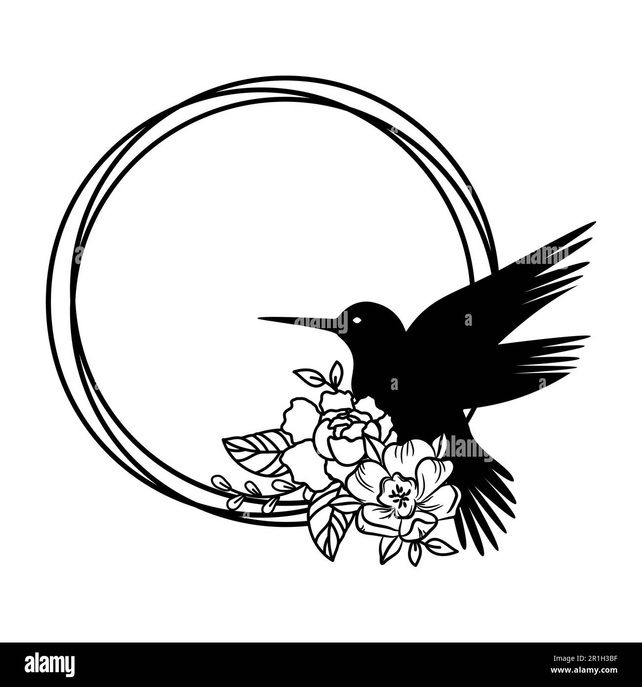 Colibri dans un cadre circulaire avec silhouette de fleur. Ensemble de vecteurs isolés avec des oiseaux de printemps ou d'été pour les métiers de découpe au laser. Illustration de Vecteur