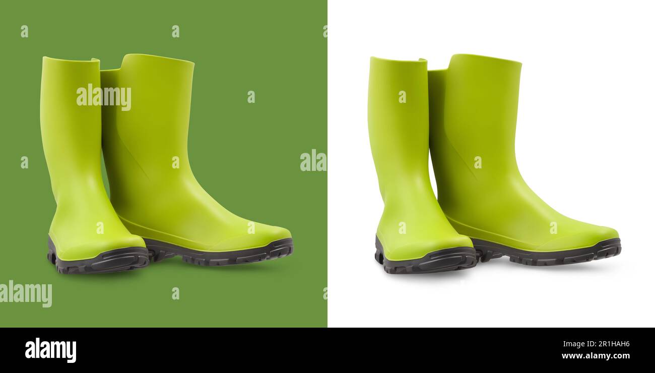 Bottes en caoutchouc vert. Équipement d'outils pour le jardinage ou le potager et le soin des plantes. Également utile pour la pluie. Vue avant isolée sur fond blanc et vert Banque D'Images