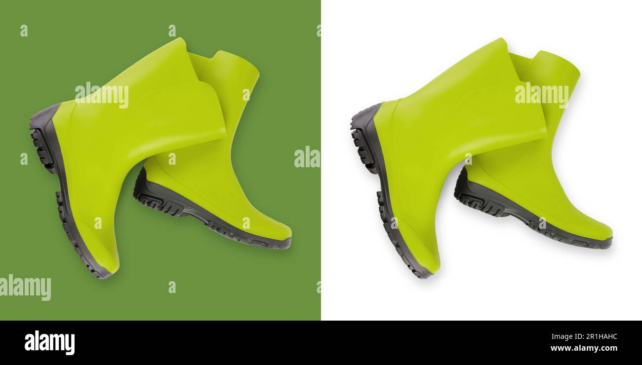 Bottes en caoutchouc vert. Équipement d'outils pour le jardinage ou le potager et le soin des plantes. Également utile pour la pluie. Vue de dessus isolée sur fond blanc et vert Banque D'Images