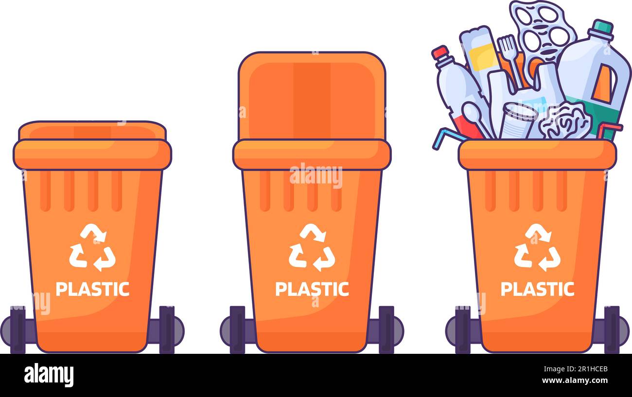 Collecte des conteneurs avec couvercle pour le stockage, le recyclage et le tri des déchets ménagers en plastique polyéthylène. Fermez la poubelle vide et remplie avec du Illustration de Vecteur