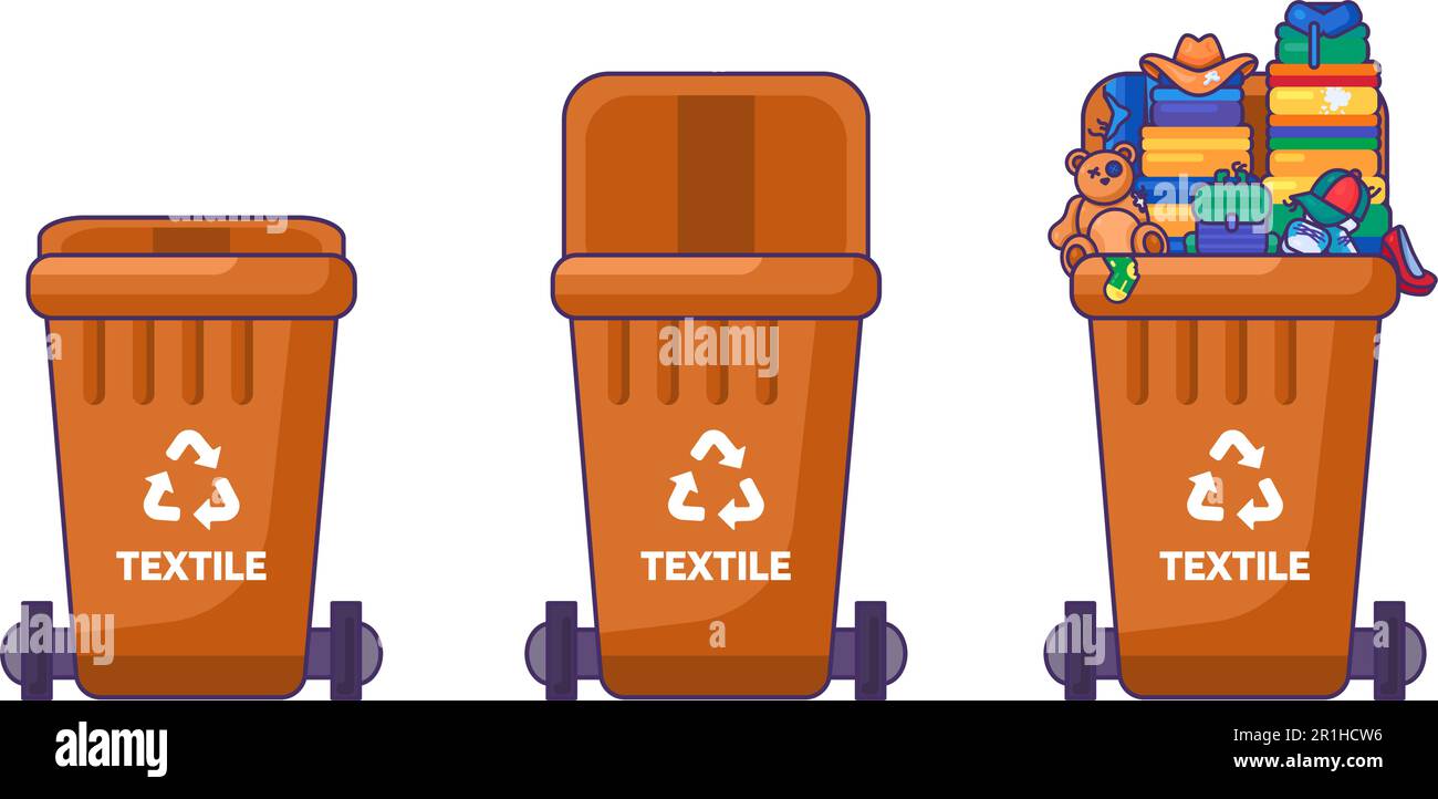 Ensemble de récipients avec couvercle pour le stockage, le recyclage et le tri des déchets ménagers de l'industrie textile. Fermez la poubelle vide et remplie avec le bac de recyclage Illustration de Vecteur
