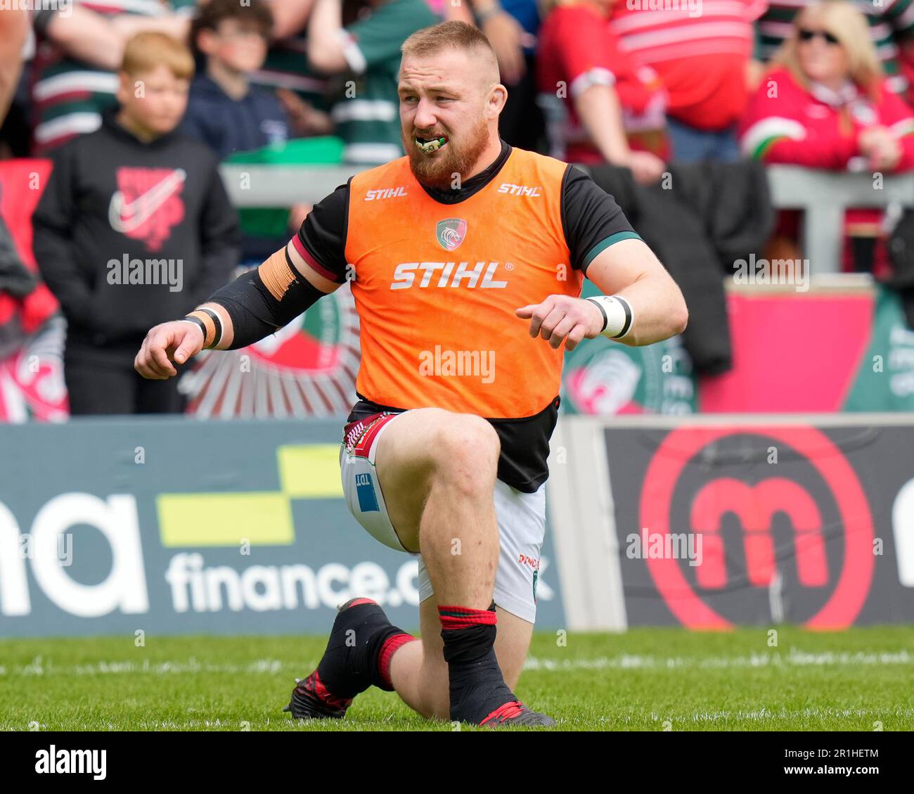 Eccles, Royaume-Uni. 14th mai 2023. Joe Heyes #18 de Leicester Tigers se réchauffe avant le match de première-finale de Gallagher sale Sharks vs Leicester Tigers au stade AJ Bell, Eccles, Royaume-Uni, 14th mai 2023 (photo de Steve Flynn/News Images) à Eccles, Royaume-Uni, le 5/14/2023. (Photo de Steve Flynn/News Images/Sipa USA) crédit: SIPA USA/Alay Live News Banque D'Images