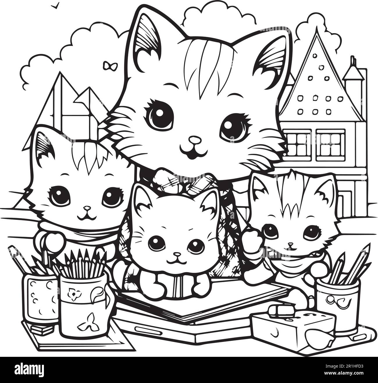 Une page de couleur noire et blanche d'un chat avec une pile de frites coloriage page. Illustration de Vecteur