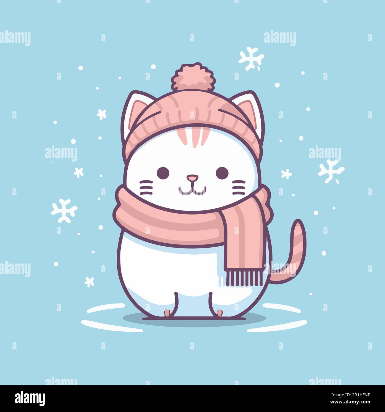 Chat dessin animé avec un chapeau bleu en hiver. Illustration de Vecteur