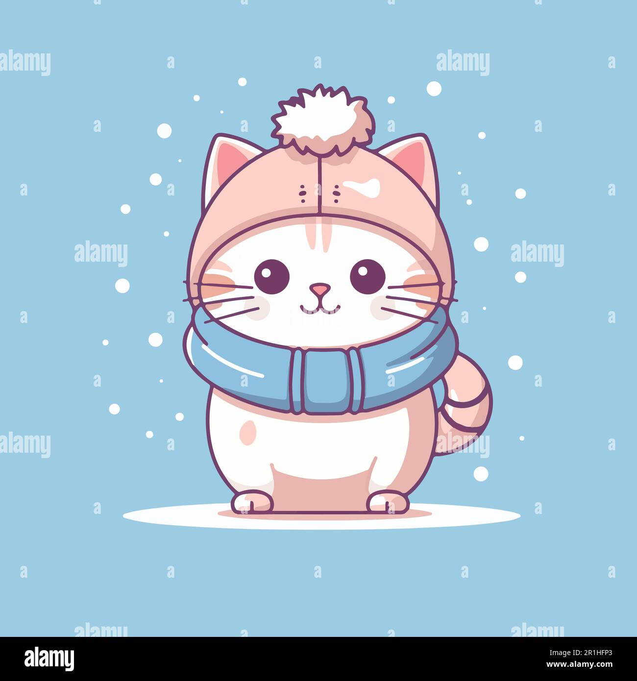 Un chat de dessin animé portant un chapeau et une écharpe pour le froid de l'hiver. Illustration de Vecteur