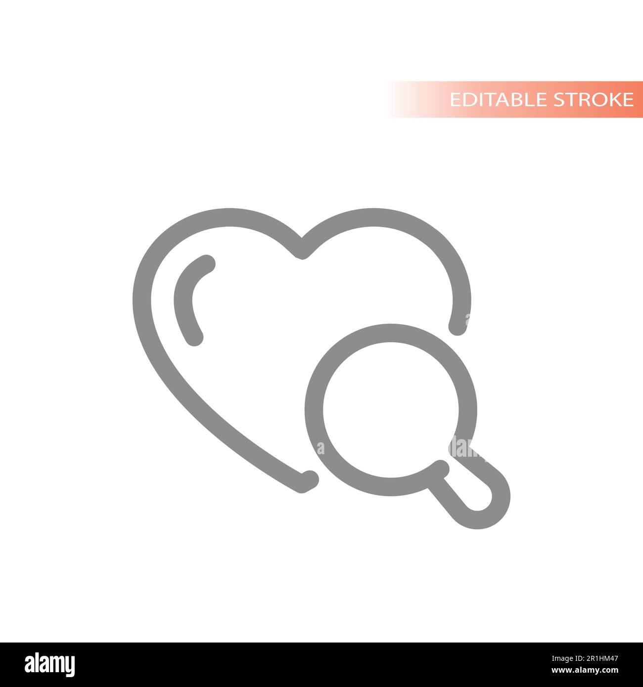 Icône de vecteur de ligne en forme de coeur et de loupe. Symbole de l'application de datation et de la recherche d'amour. Illustration de Vecteur