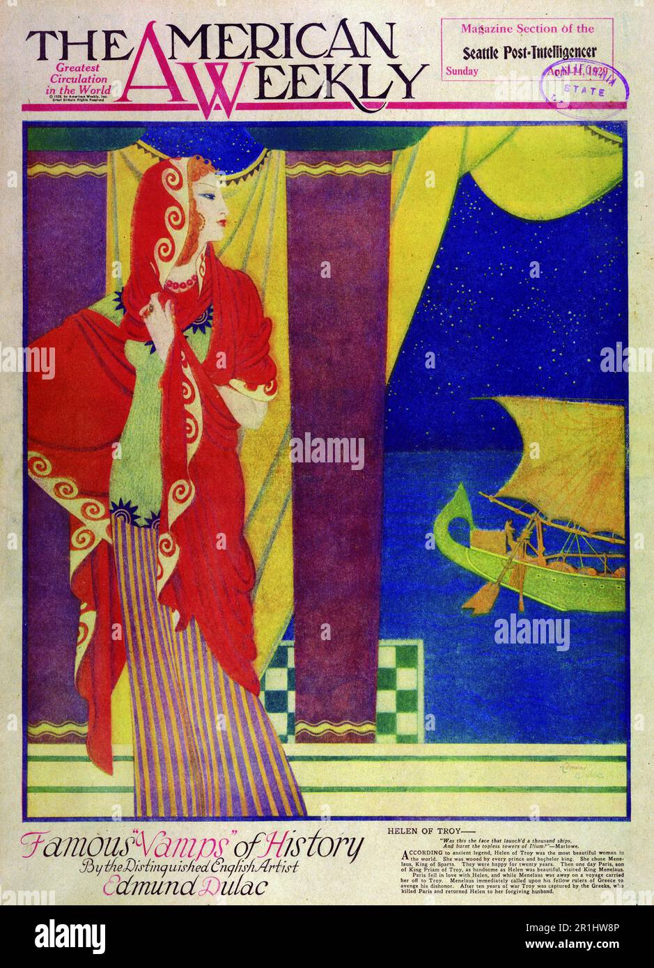 « Helen de Troy » a publié 14 avril 1929 dans le magazine American Weekly Sunday peint par Edmund Dulac. Selon l'ancienne légende, Helen de Troy était la plus belle femme du monde. Elle a été courtisé par chaque prince et Bachelor King. Elle a choisi Menelaus, roi de Sparta. Ils ont été heureux pendant vingt ans. Puis un jour Paris, fils du roi Priam de Troie, aussi beau qu'Helen, a visité le roi Menelaus. Paris est tombé amoureux d'Helen, et pendant que Menelaus était loin dans un voyage, la transporta à Troie. Menelaus a immédiatement appelé ses frères dirigeants de Grèce à venger son déshonneur. Banque D'Images
