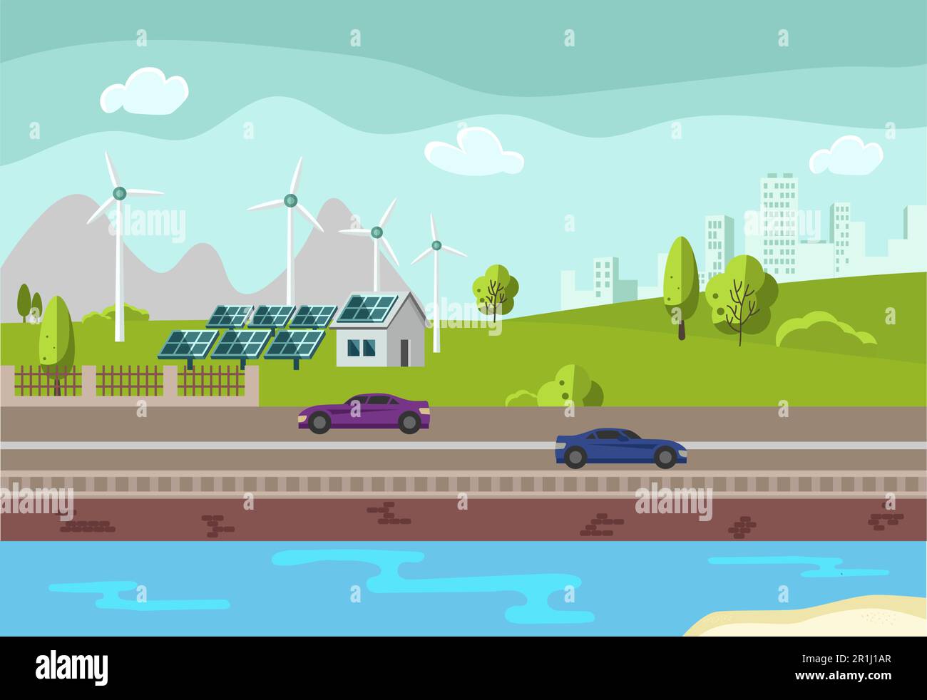 illustration de l'énergie électrique propre produite à partir de sources renouvelables soleil et vent. Centrale électrique avec panneaux solaires et éoliennes sur la ligne d'horizon de la ville Illustration de Vecteur