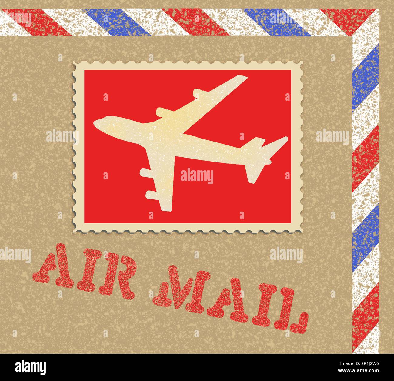 Un timbre-poste de maquette d'avion d'époque avec un avion dans la conception est vu dans une illustration de 3-d. Banque D'Images
