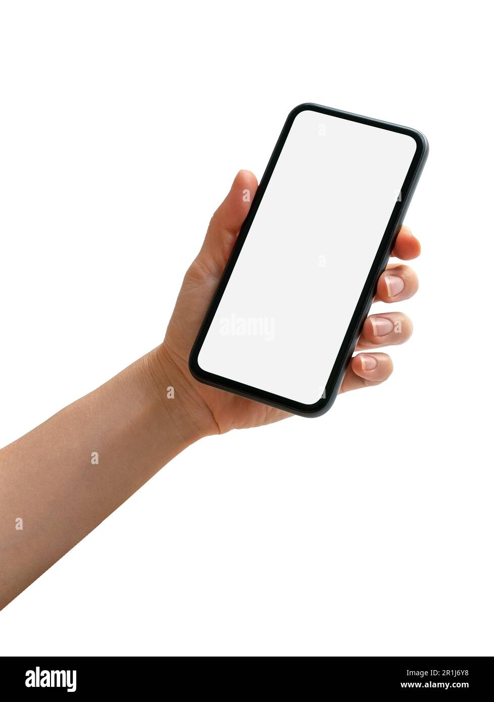 Téléphone intelligent isolé avec écran vide dans la main féminine. Banque D'Images