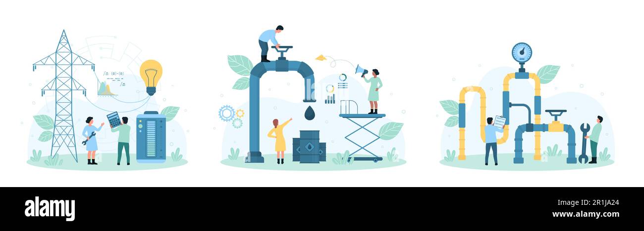 Illustration du vecteur de production d'énergie et de puissance. Dessin animé minuscules personnes vérifier et contrôler le gaz et le pipeline de pétrole, ouvrir la vanne sur le tuyau, les travailleurs de connecter l'ampoule, la batterie avec ligne d'alimentation haute tension Illustration de Vecteur