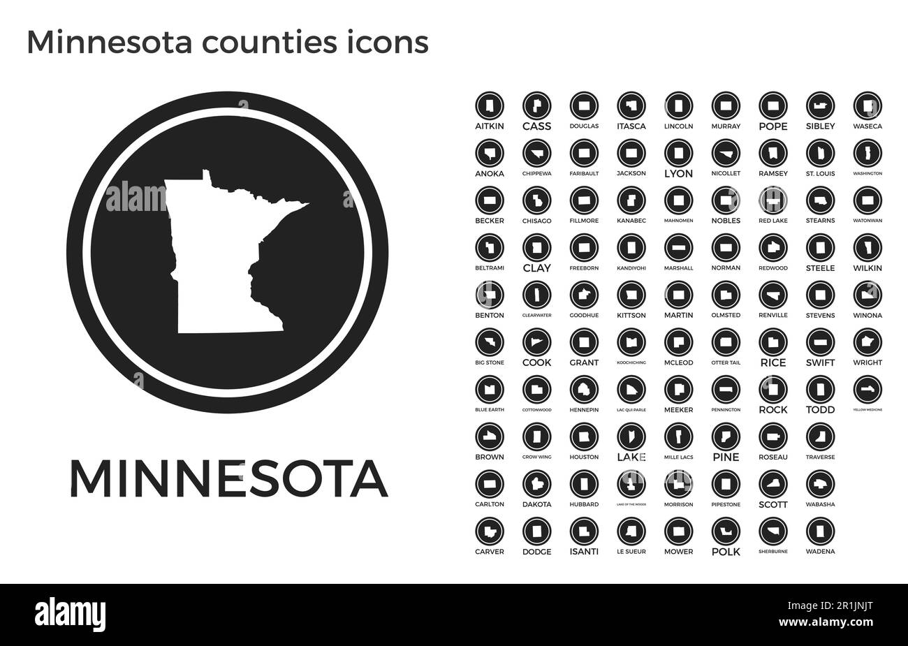 Icônes des comtés du Minnesota. Logos ronds noirs avec les cartes et titres des comtés de l'État. Illustration vectorielle. Illustration de Vecteur