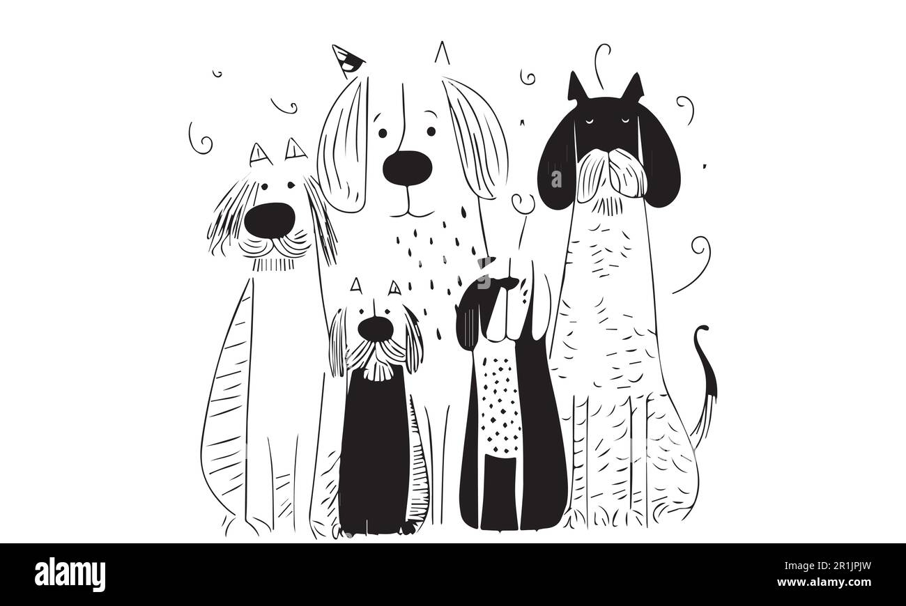 Un dessin de page de coloriage d'art de ligne de chien de famille dessiné à la main. Illustration de Vecteur