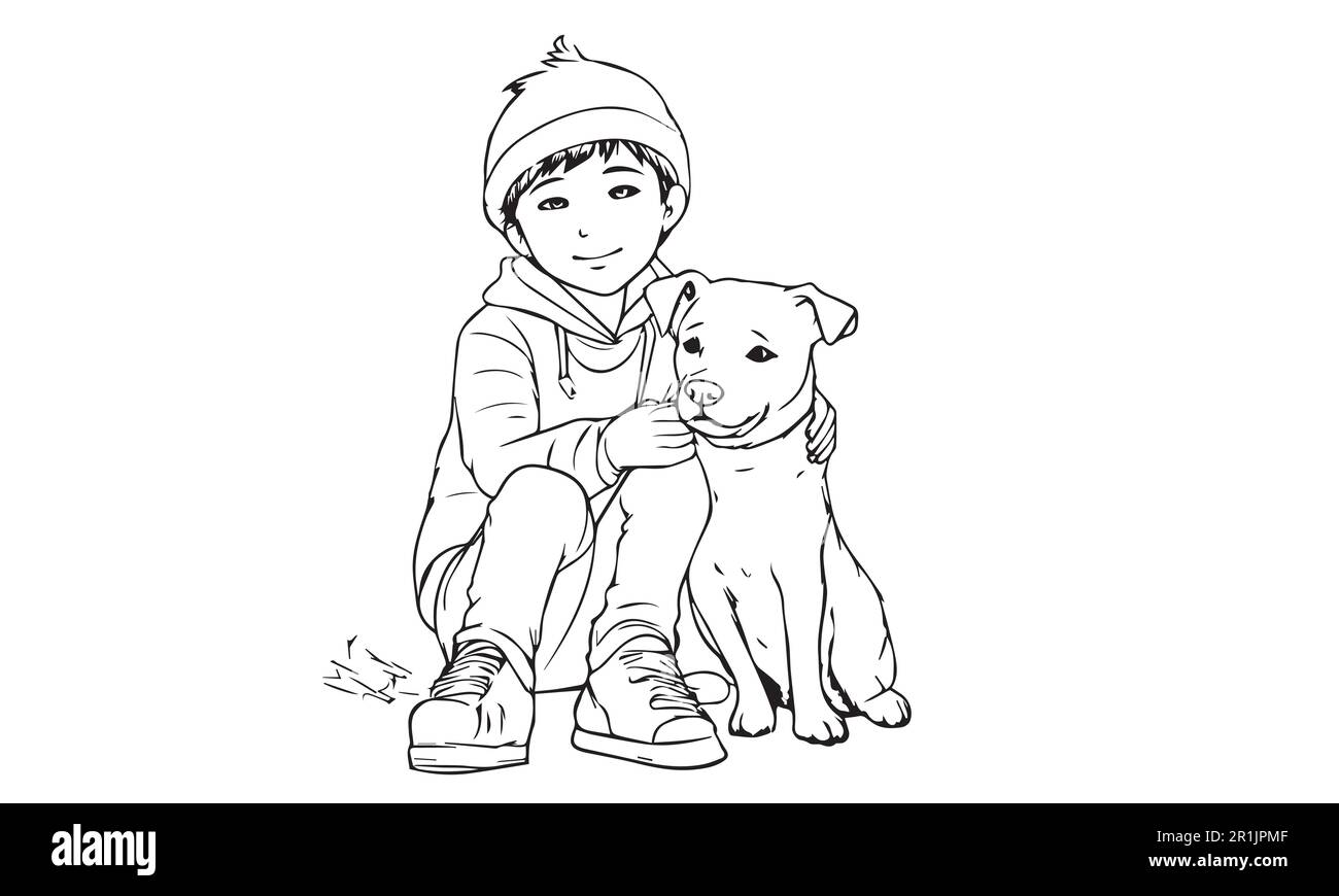 Un garçon jouant avec une illustration de page de livre de coloriage de chien mignon. Illustration de Vecteur