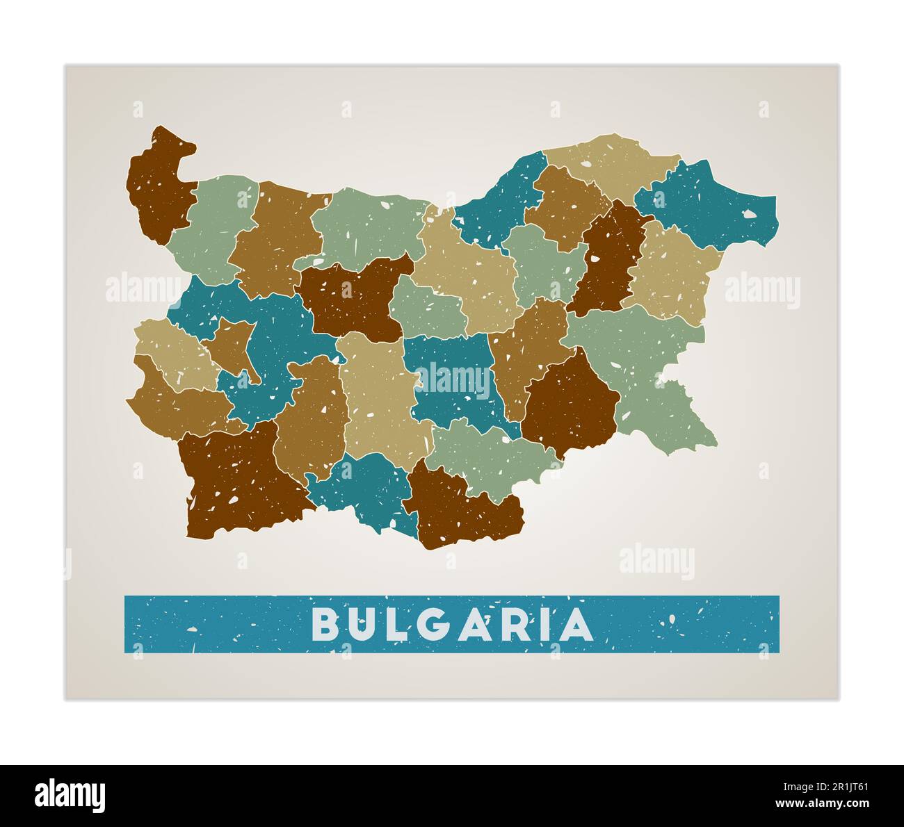 Carte de Bulgarie. Affiche pays avec régions. Ancienne texture de grunge. Forme de Bulgarie avec nom de pays. Illustration vectorielle incroyable. Illustration de Vecteur