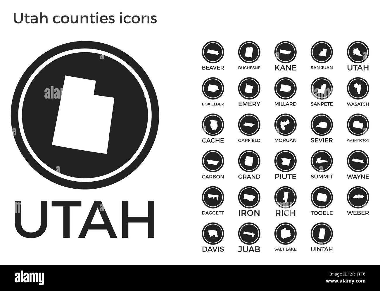 Icônes des comtés de l'Utah. Logos ronds noirs avec cartes et titres des États-Unis. Illustration vectorielle. Illustration de Vecteur