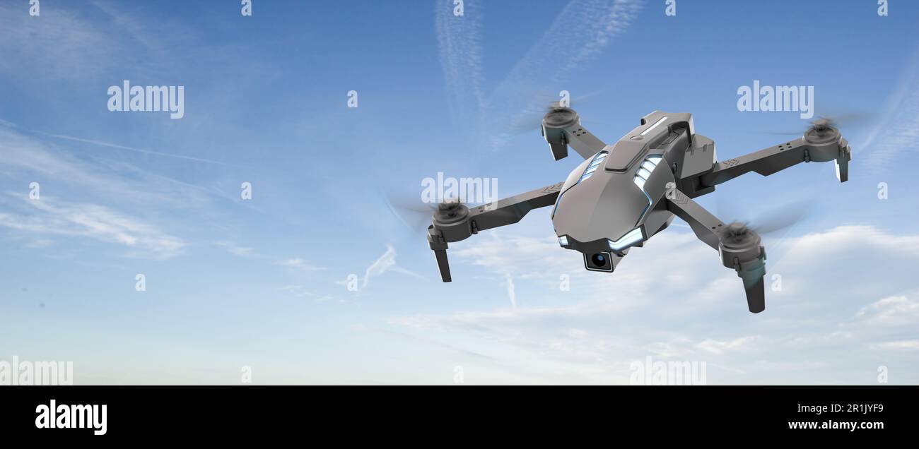 Drone d'air quadcopter isolé dans l'illustration SKY 3D Banque D'Images