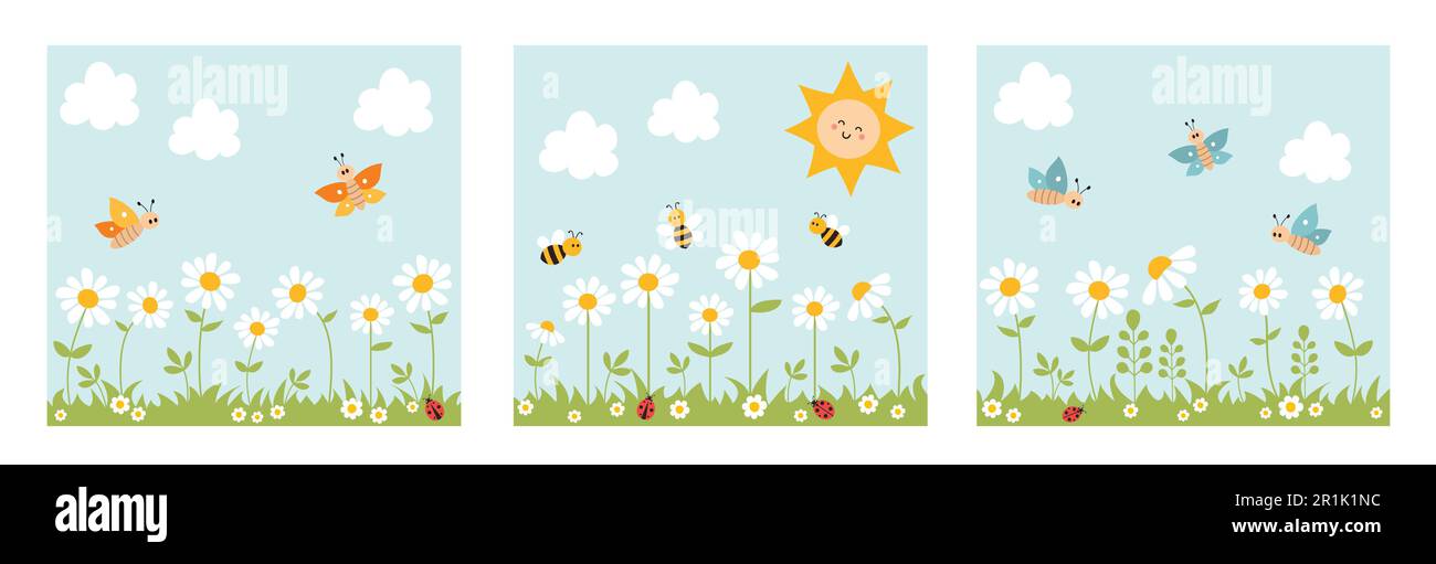 Ensemble de paysage de la nature avec des abeilles, papillons, coccinelles, herbe, fleurs, soleil et nuages. Joli dessin animé fond puéril. Illustration vectorielle. Illustration de Vecteur