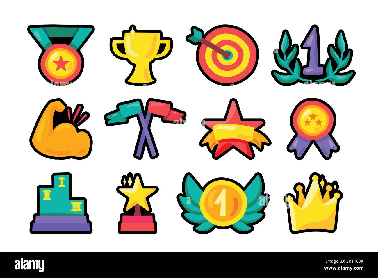 Jeu d'illustrations de prix. Prix du gagnant, autocollants de couleur de récompense. Médailles, trophées, morceaux de couronne Illustration de Vecteur