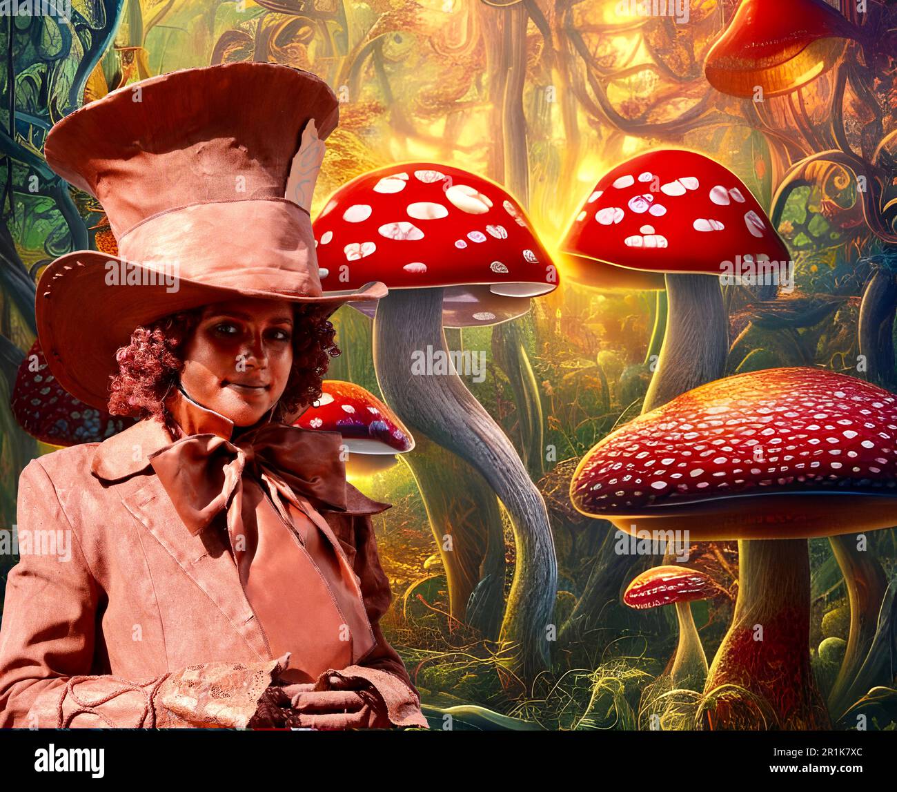 Le Mad Hatter d'Alice au pays des merveilles dans Magic Mushroom Fantasy Landscape. Banque D'Images